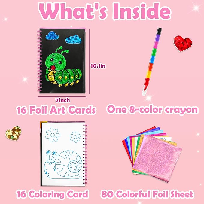 FUNNYB&G Foil Art Craft Kit for Girls 4-10 Years Old: Mess-Free & No-Glue, Create 16 Sparkly Interesting Insects Pictures – Perfect Travel Toy & Birthday Gift for Kids (Insects)