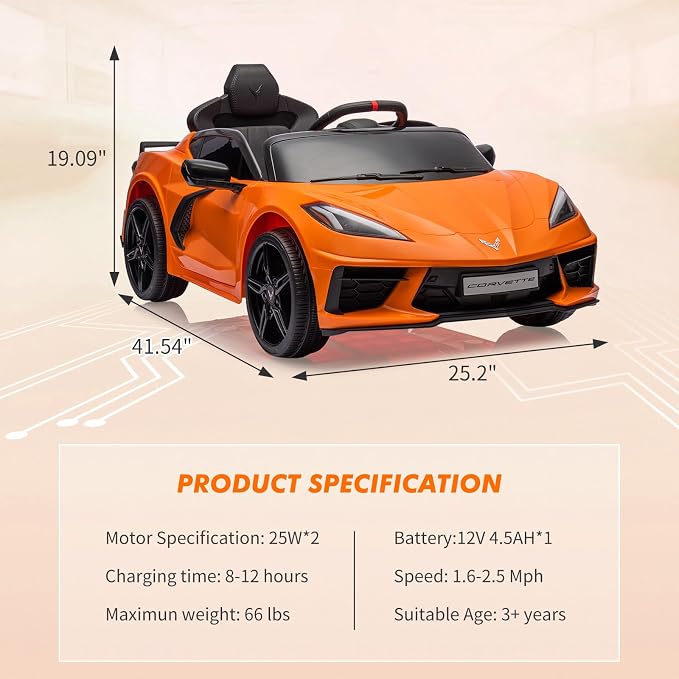 Garvee 12V Kids Ride on Car Licensed Corvette Toddlers Electric Sports Car Ride on Toy with Remote Control, Visual Dashboard, LED Lights, Music for Boys & Girls, Orange