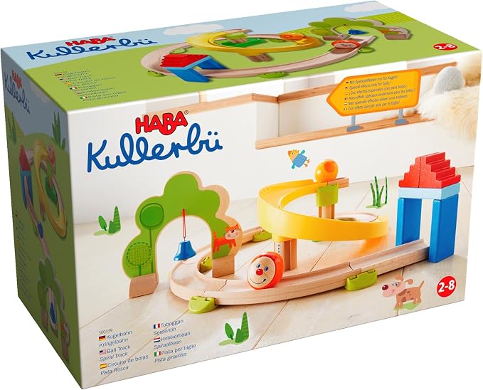HABA Ball Run - Kullerbu Spiral Track, 26 Piece Wood & Plastic Marble Run Set with Wild Curves & Bell for Kids 2-6, STEM Toy Marble Maze Building Set