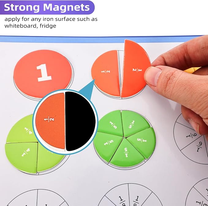 Magnetic Fraction Demonstration Book,Magnetic Fraction Tiles & Fraction Circles,Montessori Fraction Manipulatives Learning Games for Kids,Fraction Manipulatives for Elementary School (Fox)