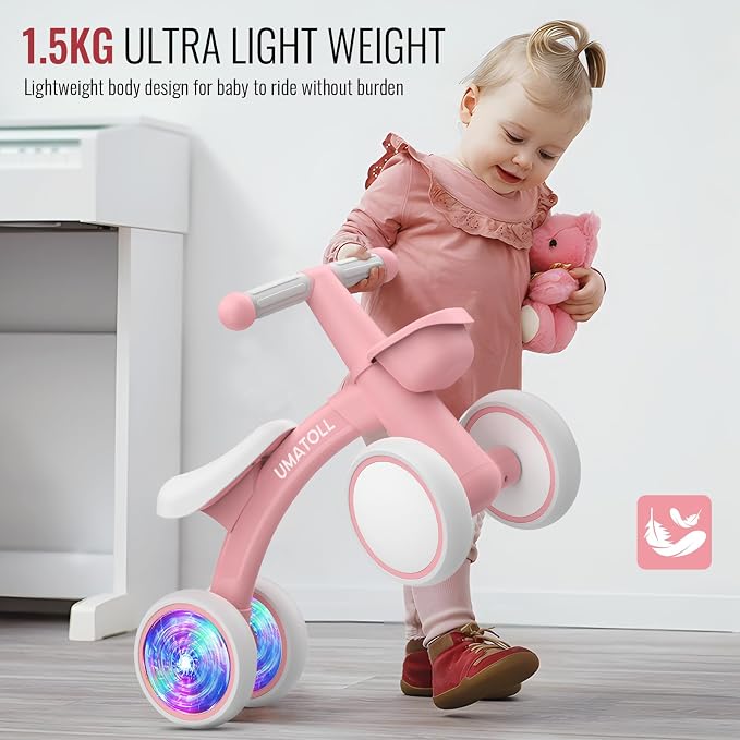 Umatoll Colorful Lighting Baby Balance Bike Toys for 1 Year Old Girl Gifts, Adjustable Seat, First Birthday Gifts, 12-24 Months Toddler Bike, Pink