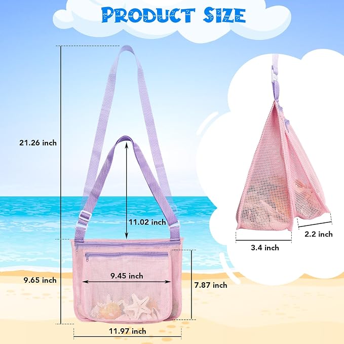 3 Pcs Seashell Collecting Bag for Kids,Beach Mesh Bag with Adjustable Shoulder Straps,Beach Toys Swimming Accessories for Boys and Girls