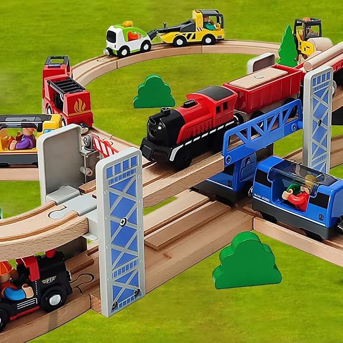Lift Bridge Wooden Crane Toy Set with Train Cars - Compatible with Major Wooden Rail Brands - Ages 3-5