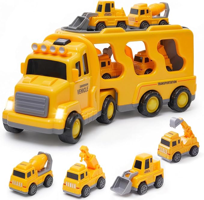 JoyRapt 5 in 1 Construction Truck Toys for Toddlers 3-5, Carrier Transport Trucks 4 Pack Small Pull Back Construction Vehicles Friction Power Cars, Christmas Birthday Gift Toys for Boys Girls.