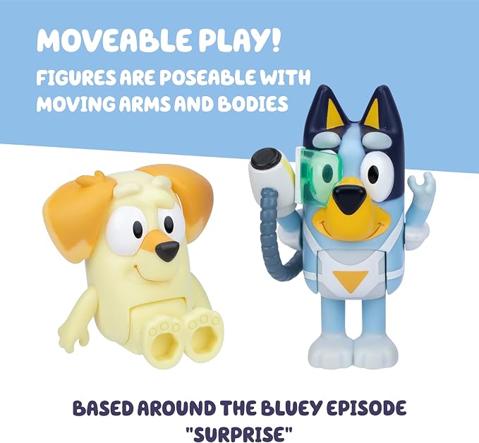 Bluey Surprise Blaster Suit Action Figure Set of 2, Articulated Character Toys with Neighbour Chucky Figurine, Small Action Figures for Kids Ages 3+