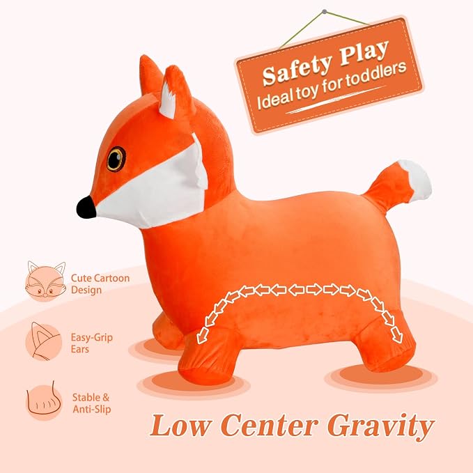 INPANY Bouncy Horse, Fox Hopper Toys, Toddlers Bouncing Animal Hopping, Plush Bounce Buddies, Inflatable Ride on Rubber Bouncer, Indoor Outdoor Birthday Gifts Toy for 2 3 4 Year Old Girls Boys