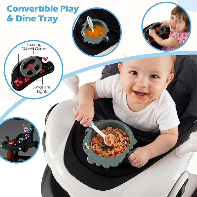 INFANS 6-in-1 Foldable Baby Walker, Converts Push Car to Bouncer, Rocker with Music, Lights, Adjustable Height & Speed, Activity Center, Canopy for 7-18 Months (Dark)