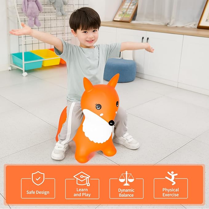 INPANY Fox Bouncy Horse Hopper Toys, Toddlers Bounce Zoo Animal Toys, Inflatable Hopping Horse Buddies, Ride on Rubber Bouncer, Outdoor Indoor Baby Birthday Gifts Toy for 2 3 4 Year Old Girls Boys