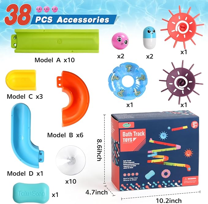 Fajiabao Toddler Bath Toys for Kids Ages 4-8 3-5 Educational Bath Toys with Spinner & Marble Run Water Track Slide Set Shower & Bathtub Toys for Kids Ages 4-8 7 6 Creative STEM Gift for Boys Girls