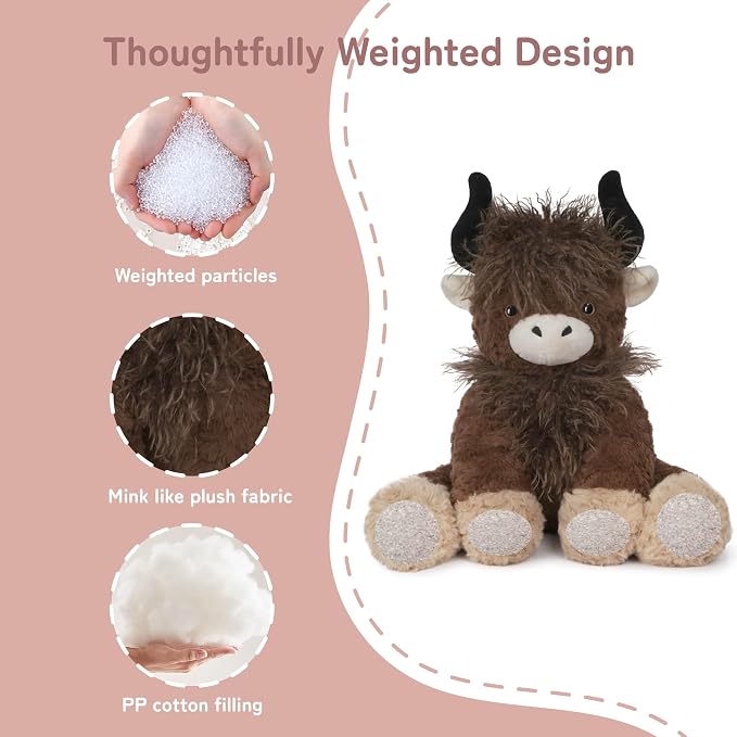 Niuniu Daddy 14" | 3.5 Pound Weighted Stuffed Animals Highland Cow, Weighted Plush Stuffy Realistic Scottish Cow Plushy for Kids Adults, Sitting Cuddly Toy Huggable Gift for Everyday Comfort