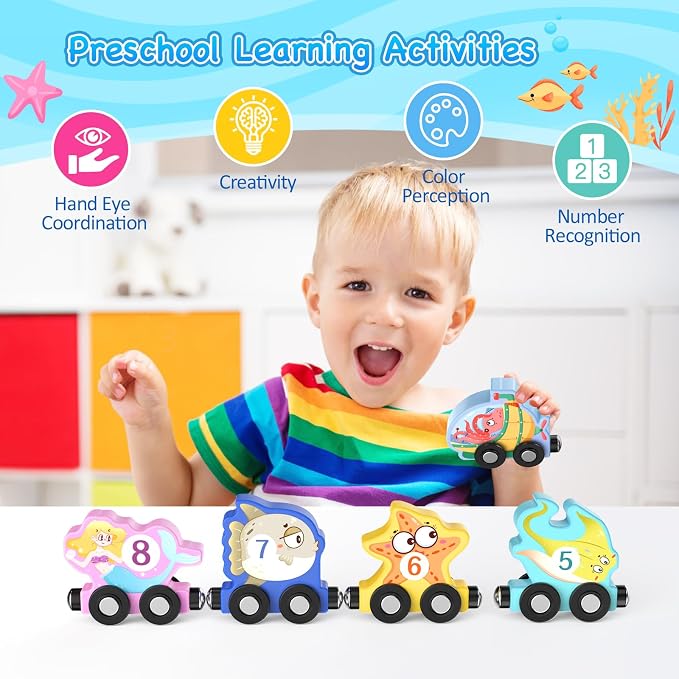 Zeoddler Toys for Toddlers, 11 Magnetic Wooden Sea Animals Train Set, Montessori Toys for Toddlers, Educational Activities for Kids, Birthday Gifts for Boys, Girls