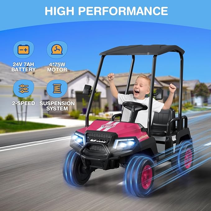 LIGIANT 24V Ride on Car for Big Kids, 4-Seaters Ride on Golf Cart, Max. Capacity: 264 Lbs(4 Kids), 4WD Kid's Car w/Remote Control, Detachable Awning, Spring Suspension, Music/Story/Power Display
