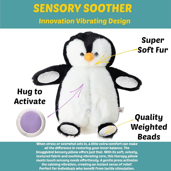 Penguin Sensory Weighted Vibrating Pillow, Pressure Activated for Kids Adults, 11x20, Pillow Animal, Calming Therapy for Focus and Balance, Weighted Stuffed Animals, Weighted Plush, Sensory