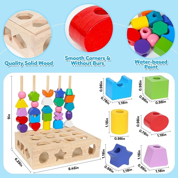 ROOCHKD Wooden Sorting Toy Montessori Color & Shape Sorter Lacing Beads Sequencing Toy Class Activity Toddlers Fine Motor Game for Colors and Shapes Learning, Birthday Gifts for Boys and Girls