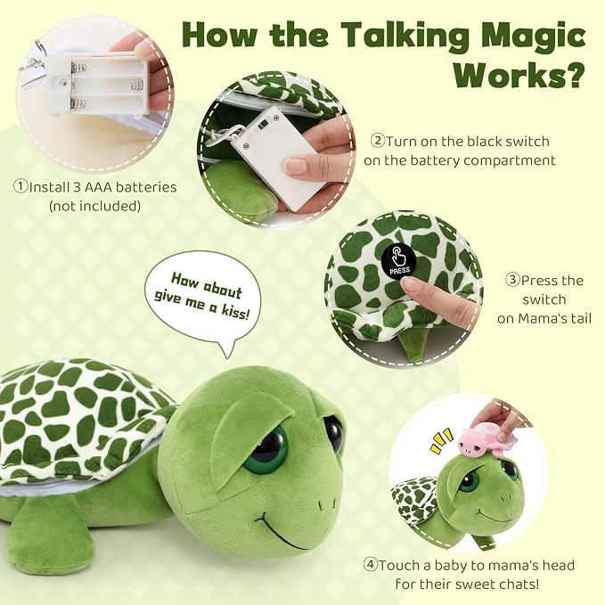 MorisMos Turtle Stuffed Animal with Babies Inside, 14'' Talking Mommy Turtle Plush with Babies & Eggs, 6PCS Interactive Sea Ocean Plush Toys Family with Gentle Voice, Big-Eyed Gift for Kids Girls