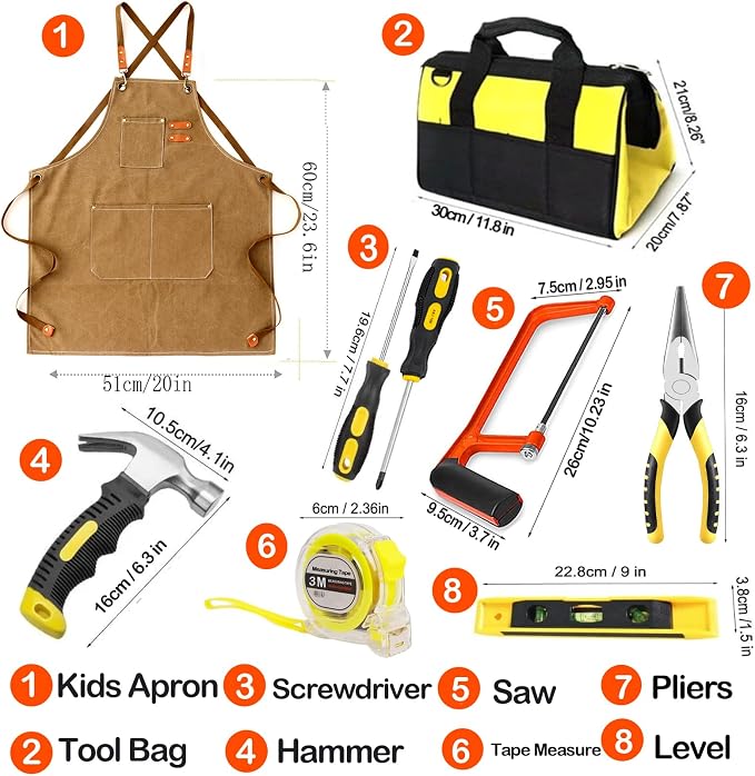 Kids Real Tools Set -38-Piece Hand Tool Kit with Tool Bag, Woodworker Apron & Hand Saw - Learning Gift for Boys & Girls Age 6+, Children Home DIY Construction and Woodworking