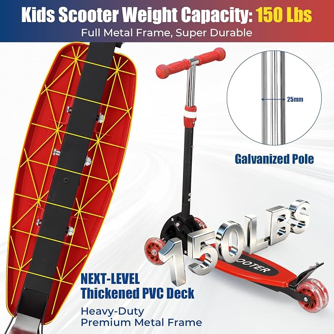 3 Wheel Scooter for Kids Ages 3-12, LED Light-Up Kids Kick Scooter–Portable Foldable, Adjustable Height, Durable Metal Construction, 6" Extra Wide Deck for Outdoor Activities,Child Safety Certified