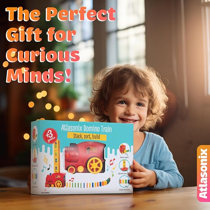 Atlasonix Domino Train | Domino Train for Kids | Dominos for Kids - Automatic Domino Laying Toy Set (300, 220,160 Blocks) with Colorful Dominos - Montessori STEM Toy
