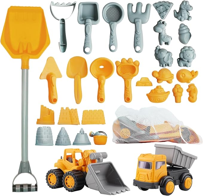 IOKUKI Long Shovel Sand Beach Toys with Big Excavator Toy, Dump Truck Toy, Construction Toys, Sand Castle Toys for Beach, Beach Rakes, Molds, Mesh Beach Bag for Kids, Toddlers, Boys & Girls (31 PCS)