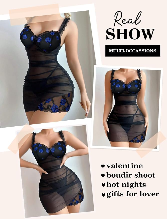 Avidlove Lingerie for Women Mesh Babydoll Lingeries Lace Chemise Floral Sleepwear Dress Sheer Exotic Boudoir Outfit S-XXL