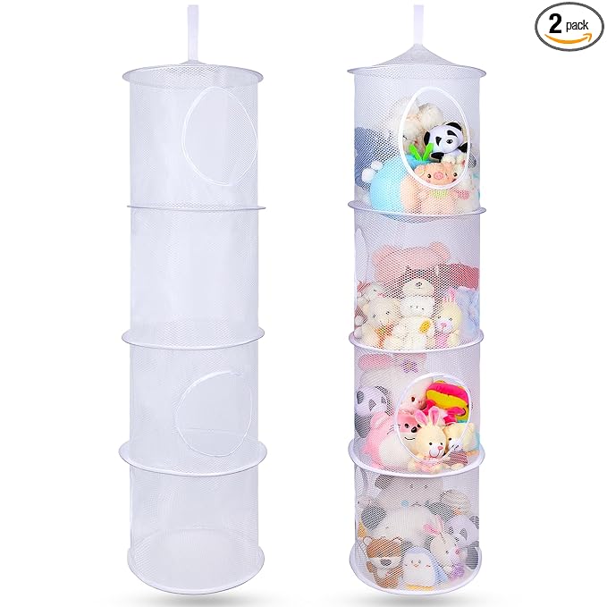 Basumee Stuffed Animals Net or Hammock 2 Pcs Stuffed Animals Storage Toy Net Hammock for Plushies Storage Organizer Mesh Kids Girls Room Decor, White, 4 Tiers