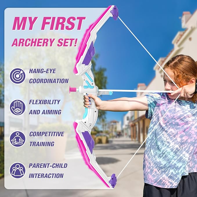 HYES Bow and Arrow for Kids, LED Light Up Archery Set with 12 Suction Cup Arrows, 1 Hanging Target, 3 Score Targets & 1 Quiver, Indoor Outdoor Sport for Boys Girls Ages 4-12, Purple