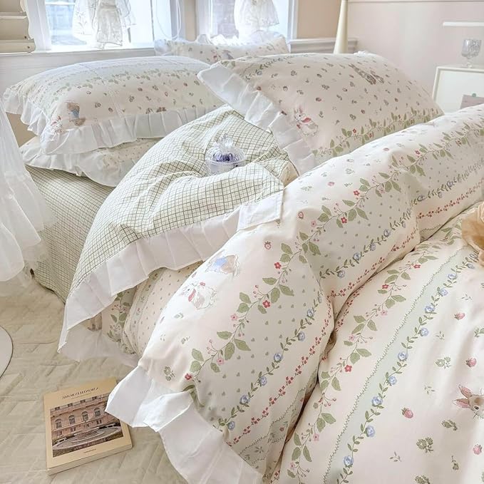 LifeTB Ruffle Floral Comforter Girls Flower Comforter Set Queen Aesthetic Leaves Floral Bedding Comforter with Cute Rabbit Reversible Green Plaid Comforter Princess Bedding Botanical Comforter Set