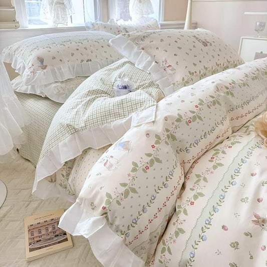 LifeTB Ruffle Floral Comforter Girls Flower Comforter Set Queen Aesthetic Leaves Floral Bedding Comforter with Cute Rabbit Reversible Green Plaid Comforter Princess Bedding Botanical Comforter Set