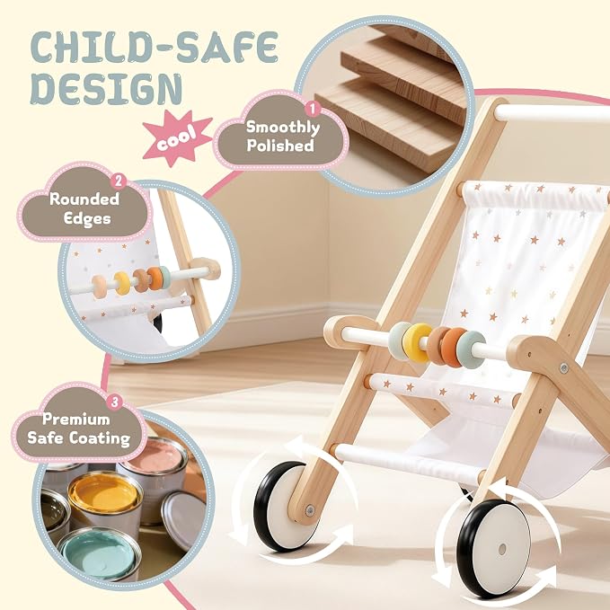 Freniland Wooden Baby Doll Stroller, Toddler Push Walker Toy, Doll Push Cart for Boys & Girls, Learning to Walk & Pretend Play Toy 18M+