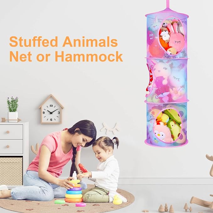 Basumee Stuffed Animals Net or Hammock 2 Pcs Stuffed Animals Storage Toy Net Hammock for Plushies Storage Organizer Mesh Kids Girls Room Decor, Blue and Purple, 3 Tiers