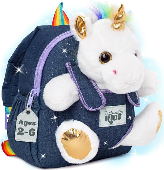 Naturally KIDS 【Upgraded】 Toddler Backpack w Removable Unicorn Toy for Girls Age 2-6 | Side & Inner Pockets, Reflective Logo, Name Tag, Sparkly Denim | Cute Christmas Gifts