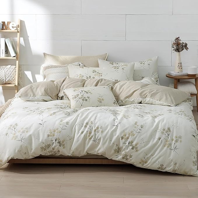 LEMIROE Floral Cotton Comforter Queen Size - Cream Comforter with Luxurious Grey Branches & Subtle Beige Blossoms,Reversible Lightweight Bedding Sets 3Pcs(90"×90")