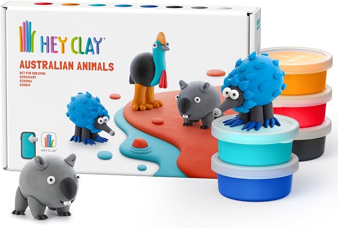 HEY CLAY Colorful Modeling Air Dry Clay for Kids 6 cans with Fun Interactive Instructions App - Kids Activities Age 3+ (Australian Animals: Echidna, Cassowary, Wombat)