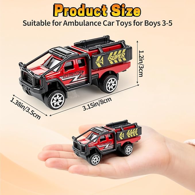 6 Pack Diecast Ambulance Toy, Mini Alloy City Rescue Emergency Vehicle Toys Playset Helicopter Toy Trucks for Boys Age 4-7 8 9 Years Old, Car Toys for Kids Toddlers Party Favors & Birthday Gift