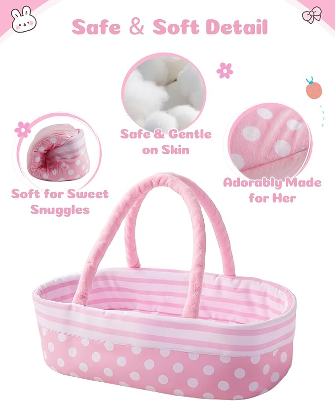BABESIDE 8 PCS Baby Doll Accessories Set for 17-22 Inch Dolls, Doll Clothes Outfit with Bassinet, Bunny Toy, Bottle, Diaper & Bib