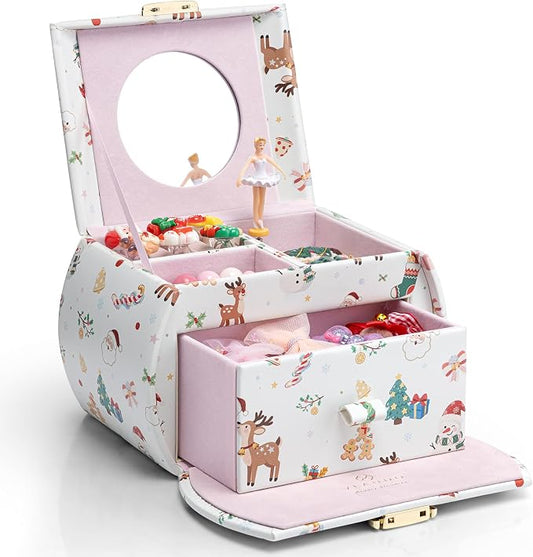 Vlando Kids Musical Jewelry Box for Girls with Drawer, Music Box with Ballerina and Stickers for Birthday Bedroom Decor, Christmas Gifts for Girls Kids - Christmas White