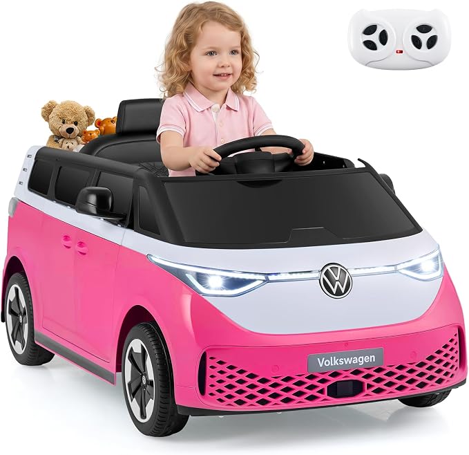 Costzon Ride on Car, 12V Licensed Volkswagen Kids Car Bus with Storage Compartment, Music, Story, Spring Suspension, LED Headlights, Electric Vehicles for Boys Girls Aged 3-7 (Hot Pink)