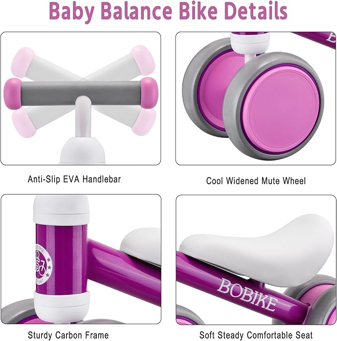 Bobike Baby Balance Bike Toys for 12-36 Months Kids Toy Boy Girls Gifts Toddler Best First Birthday Gift Children Walker No Pedal Infant 4 Wheels Bicycle (Purple)