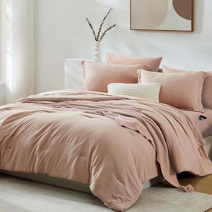 WRENSONGE Full Size Comforter Set- 7 Pieces Clay Pink Bed in a Bag Full Size Comforter with Fitted Sheet, Flat Sheet, 2 Pillow Shams, 2 Pillowcases, Warm Bedding Sets for All Season
