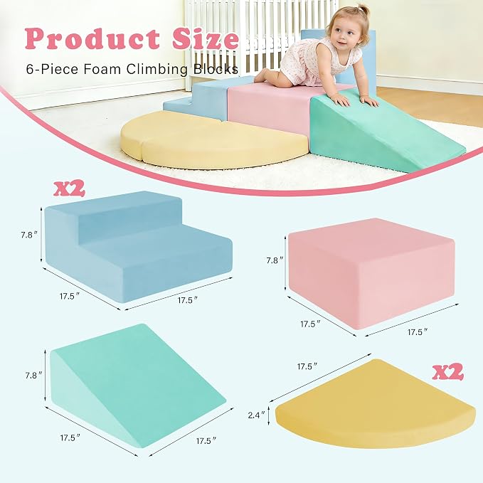 Soft Climbing Toys for Toddlers 1-3, 6-Piece Foam Climbing Blocks Set with Washable Cover, Colourful Indoor Active Play Structure for Kids, Modular Crawling and Sliding Gym for Baby