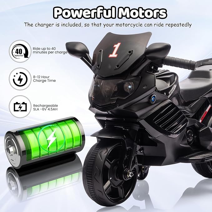 GarveeLife 6V Kids Motorcycle, Electric Ride On Car Toy with Training Wheels, Working Headlight, Horn & Music, Battery Powered Ride On Motorcycle Toy for Toddler Kids Boys Girls Ages 3-5, Black