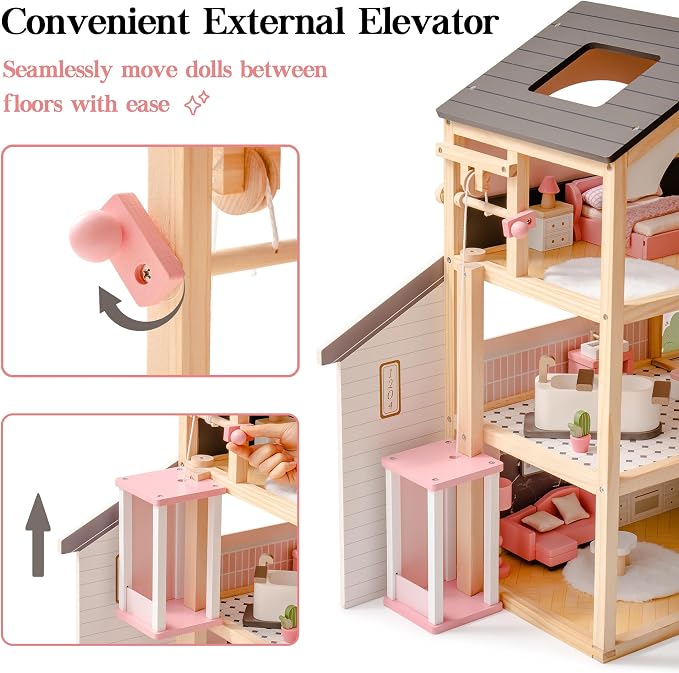 ROBUD Doll House, Wooden Dollhouse with 6 Rooms, 29-pcs Furniture Set, Working Elevator, Garage, Swimming Pool, Ideal Gift for Kids Ages 3+ (Black)