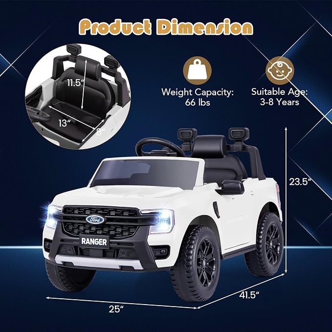Licensed Ford Ranger Ride on Pickup Truck by INFANS, 12V Battery Powered Electric Vehicle for Kids with Remote Control, Headlight, Power Display, Bluetooth, MP3, Music, Aged 3-6 Years (White)
