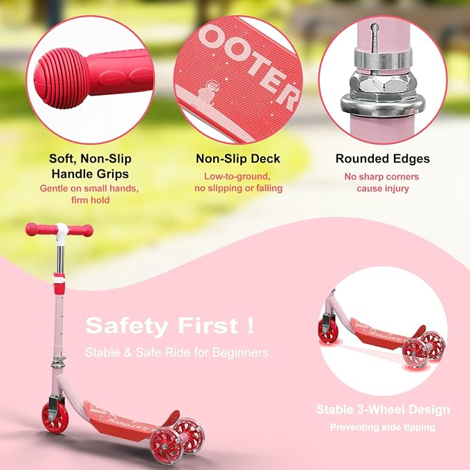 Kids Scooter: LED Lighted 3 Wheel Scooters for Kids 3-5, 3 Adjustable Height Handlebar, Anti-Slip Deck,Heavy Duty Metal Scooters for Boys Girls Ages 3-5 5-7, up to 110 Lbs,Toddler Kick Scooter