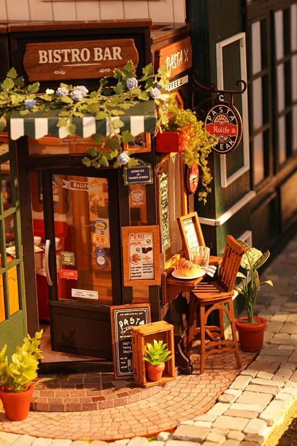 Rowood Miniature House Kits for Adults,DIY Mini House Building Set,Wooden Dollhouse Craft Kit with LED as Birthday (Tipsy Restaurant)