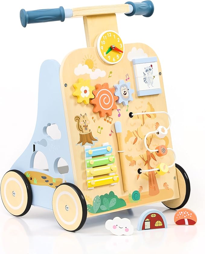 Wooden Baby Walker, Baby Push Walker for 12+ Months, Baby Walker with Activity Center, Push and Pull Walkers for Boys Girls