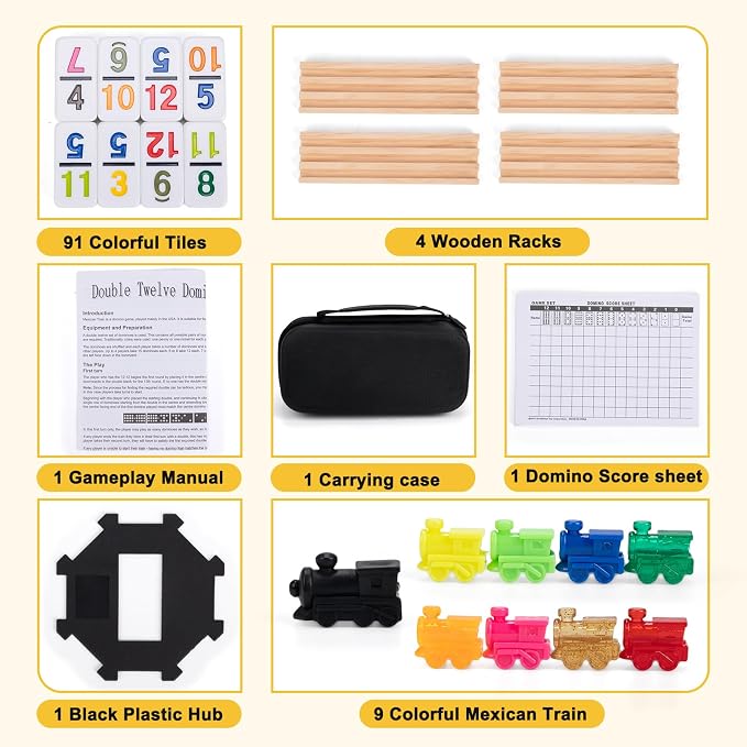 Mexican Train Dominoes Set with 91 Number Tiles, 4 Wooden Racks, Double 12 Dominoes Game Set for Family Fun, Parties, and Travel