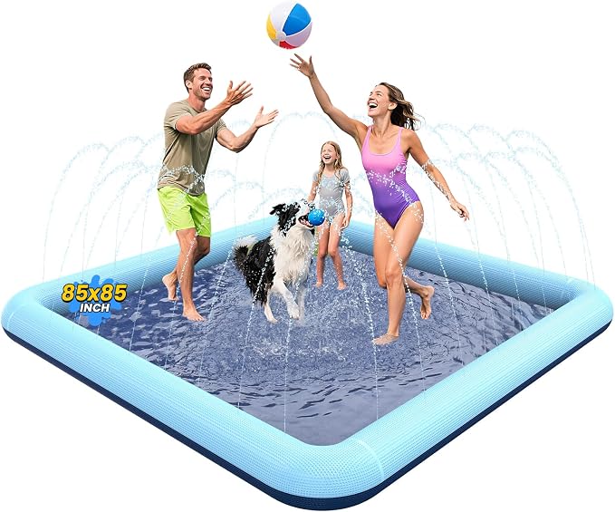 VISTOP Non-Slip Splash Pad for Kids and Dog, Thicken Sprinkler Pool Summer Outdoor Water Toys - Fun Backyard Fountain Play Mat for Baby Girls Boys Children or Pet Dog (85 * 85 inch, Blue&Blue)