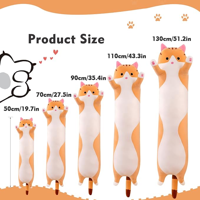 Long Cat Plush Pillow, 43.3in Cute Cat Plushie Stuffed Animals Body Pillow, Yellow Kawaii Kitten Soft Plushie Doll Toy Birthday Gift for Children Girlfriend
