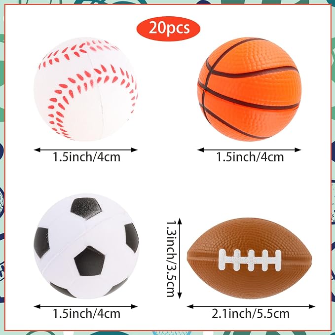 Hxezoc Mini Sport Stress Balls 20 Packs Foam Sports Balls Small Squeeze Anxiety Bulk Toy Ball for Kids Sport Theme Birthday Party, School Carnival Party Supplies
